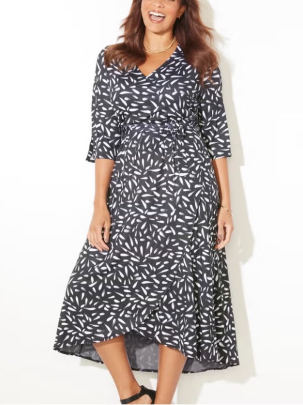 Black & White Leaf-Print faux Wrap Midi Dress. NEW